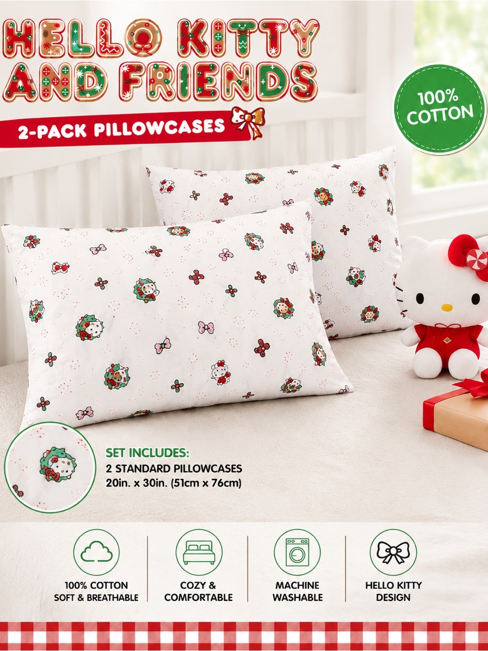 Hello Kitty Holiday Floral White Pillowcase 2-Pack